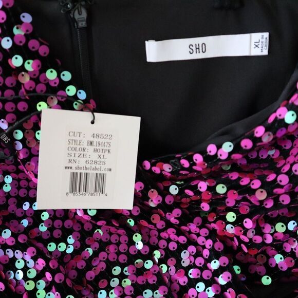 SHO x Tadashi Shoji Sz XL Hot Pink Sequin Surplice Neck Body-Con Dress - Picture 9 of 16